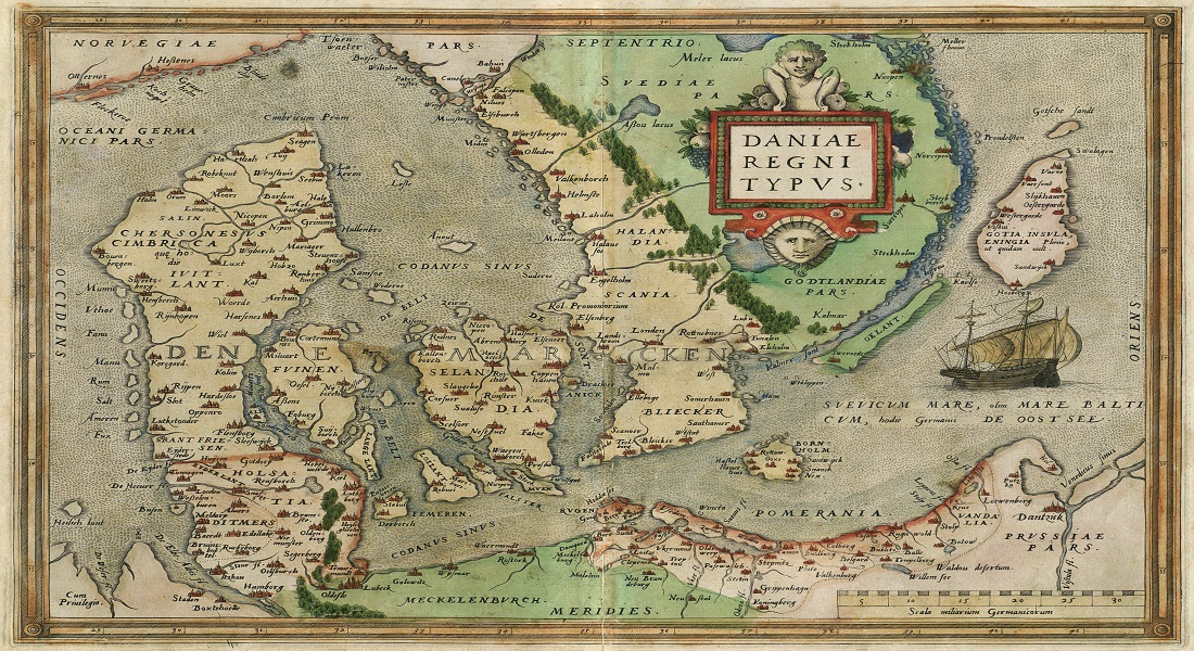 Det første masseproducerede og trykte kort over Danmark fra ca. 1570 af Abraham Ortelius i Amsterdam. Det første masseproducerede og trykte kort over Danmark fra ca. 1570 af Abraham Ortelius i Amsterdam.